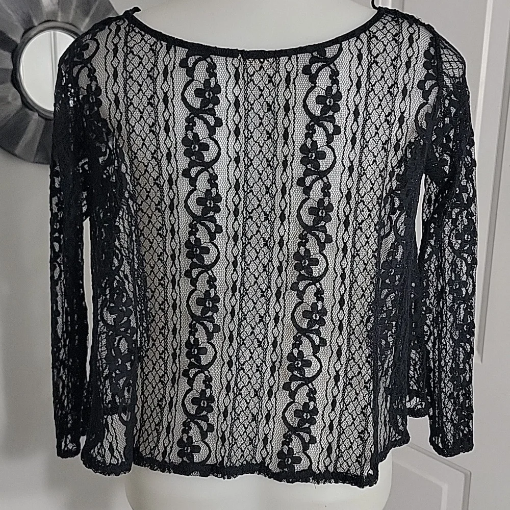 Hollister Boho Long Sleeve Round Neck Knit Crop Black Lace Top XS